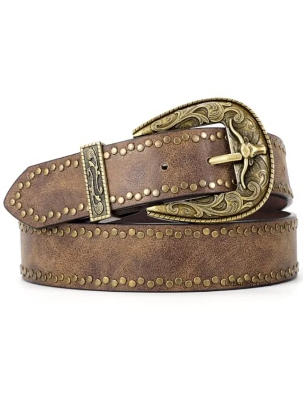Faux Leather Western Belt with Gold Bull Buckle - Unisex Cowboy Belt